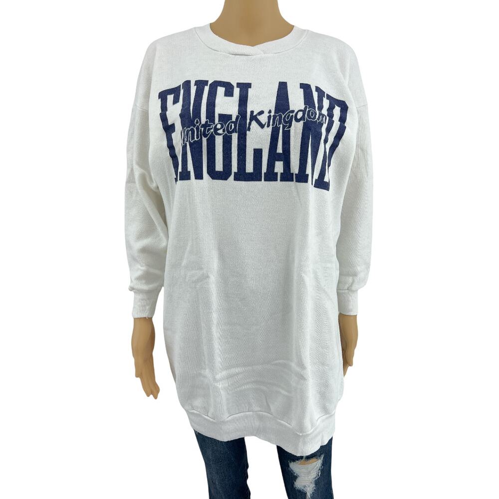 American VINTAGE England UK Crewneck Sweatshirt White LARGE UNISEX Single Stitch
